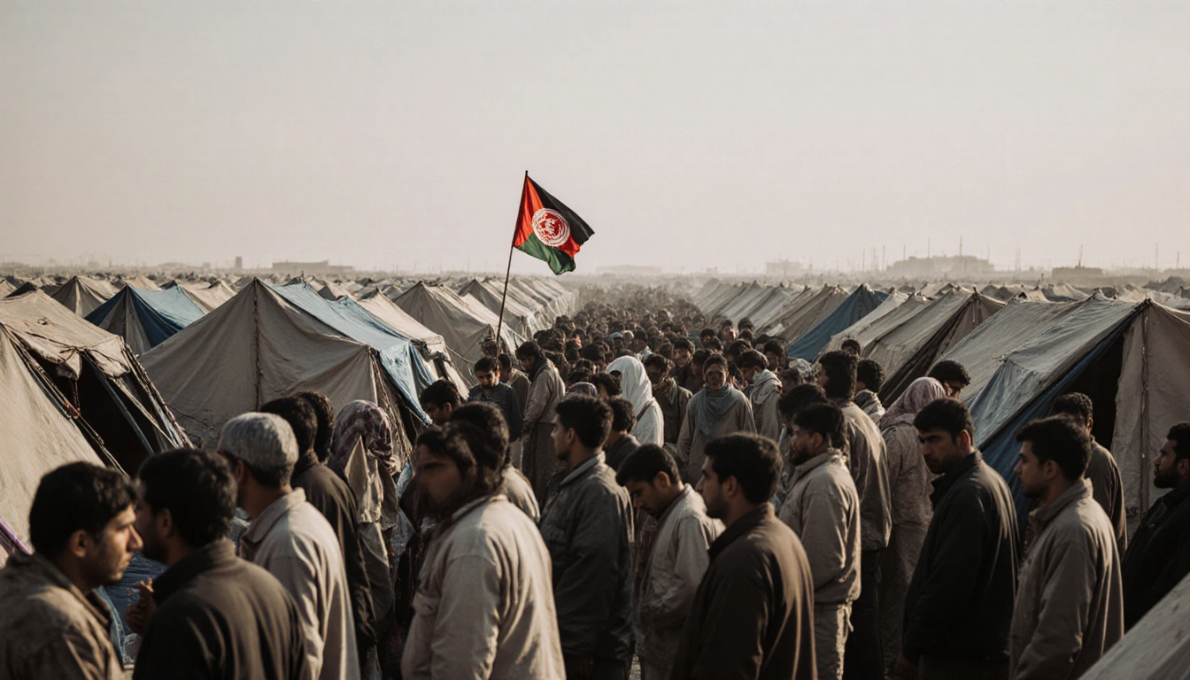 Crowded refugees waiting for aid with exhausted faces and a faded Afghan flag in background.