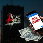 Hand holding phone showing red Data Breach message with scattered SSNs and claim papers near skyscraper with Aflac logo