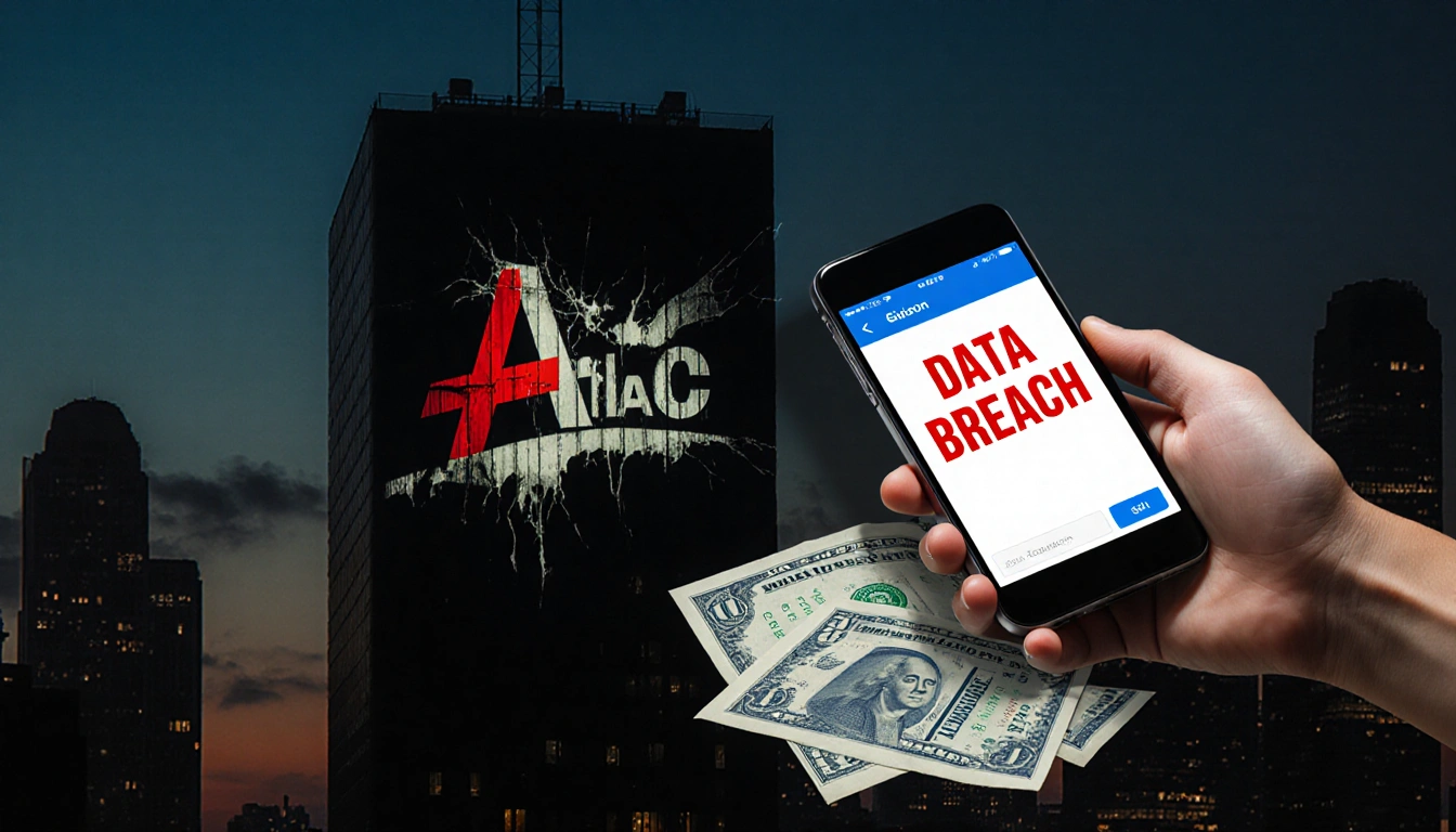 Hand holding phone showing red Data Breach message with scattered SSNs and claim papers near skyscraper with Aflac logo