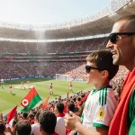 Zinedine Zidane cheering with his son Luca in Algerian jerseys while fans wave flags at the Africa Cup of Nations stadium.