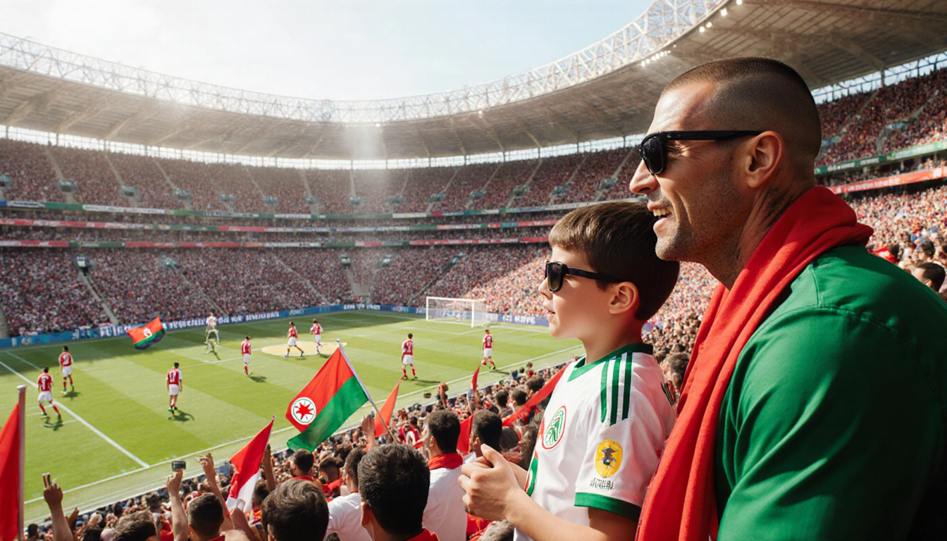 Zinedine Zidane cheering with his son Luca in Algerian jerseys while fans wave flags at the Africa Cup of Nations stadium.