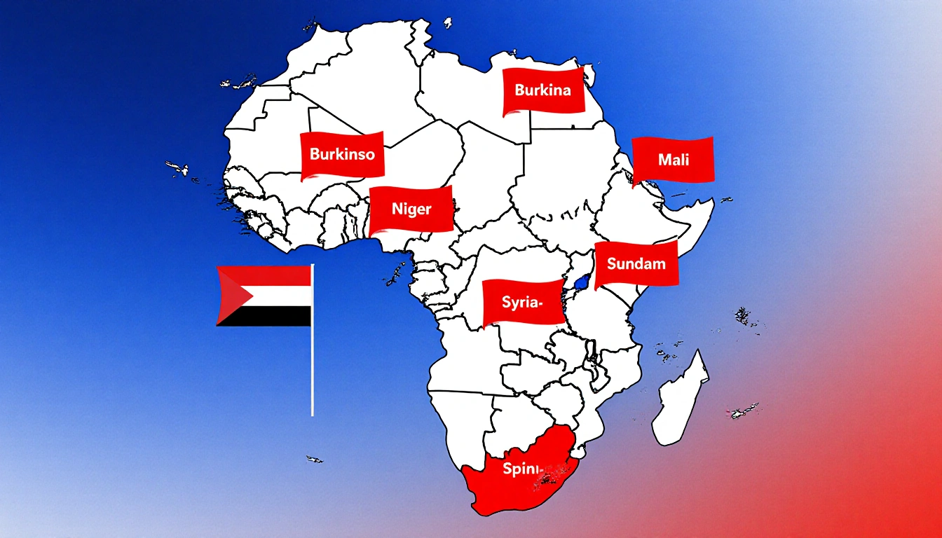 Map of Africa shows five red ban flags on Burkina Faso, Mali, Niger, South Sudan, Syria with Palestinian flag blue red backdr