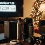 Cluttered living room flickering holiday countdown timer showing expiring deals with tech gear scattered on coffee table