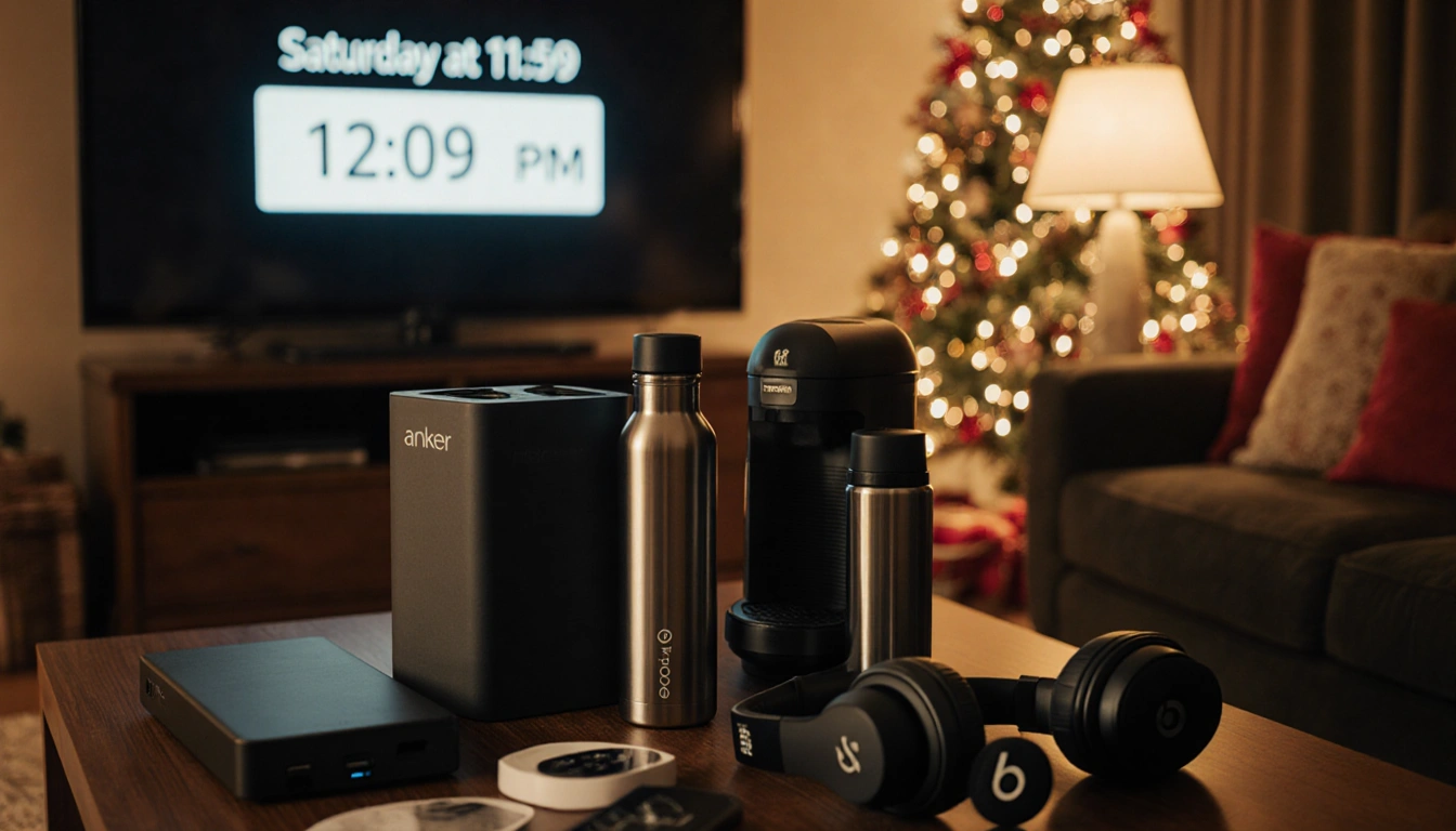 Cluttered living room flickering holiday countdown timer showing expiring deals with tech gear scattered on coffee table