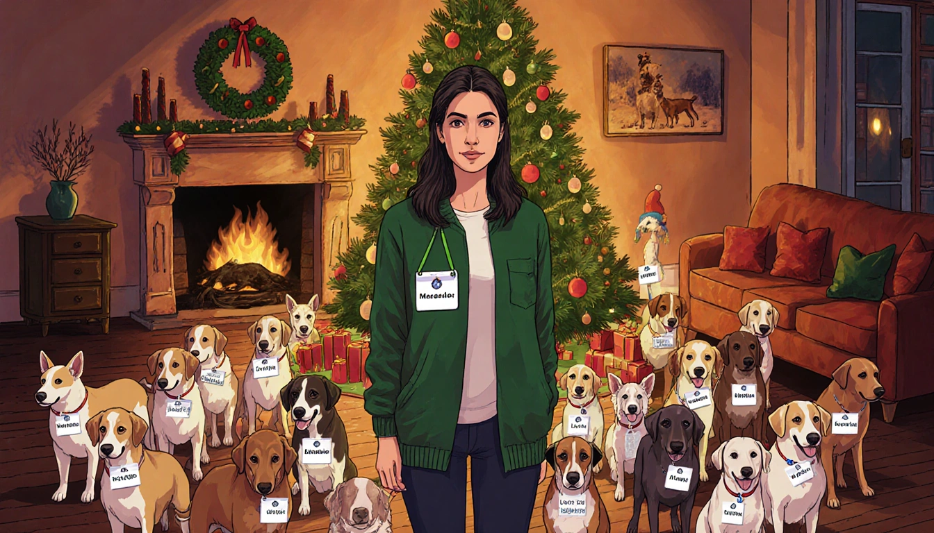Aghili stands beside a Christmas tree with dozens of dogs wearing tags showing determination and compassion in a living room.