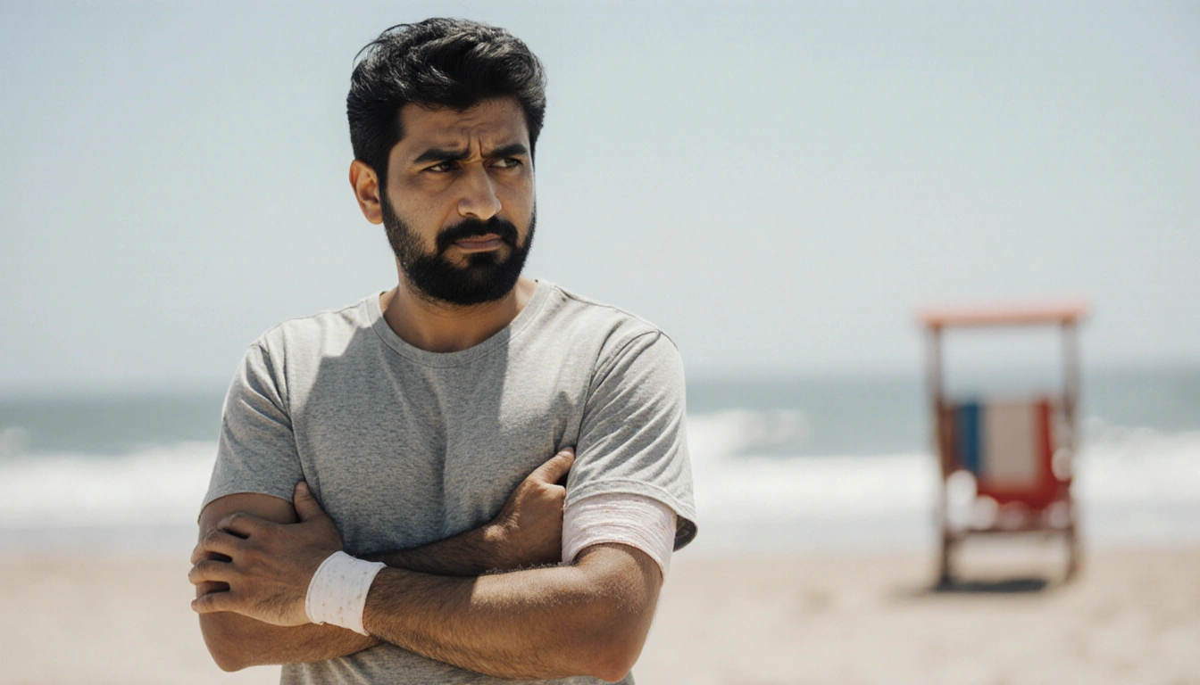Ahmed standing holding his injured arm with a heroic expression near a lifeguard chair on a blurred Australian beach