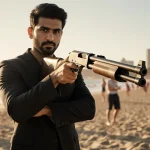 Ahmed al Ahmed deflecting shotgun with arms outstretched and heroic eyes against Bondi Beach backdrop