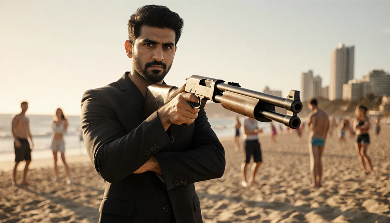 Ahmed al Ahmed deflecting shotgun with arms outstretched and heroic eyes against Bondi Beach backdrop