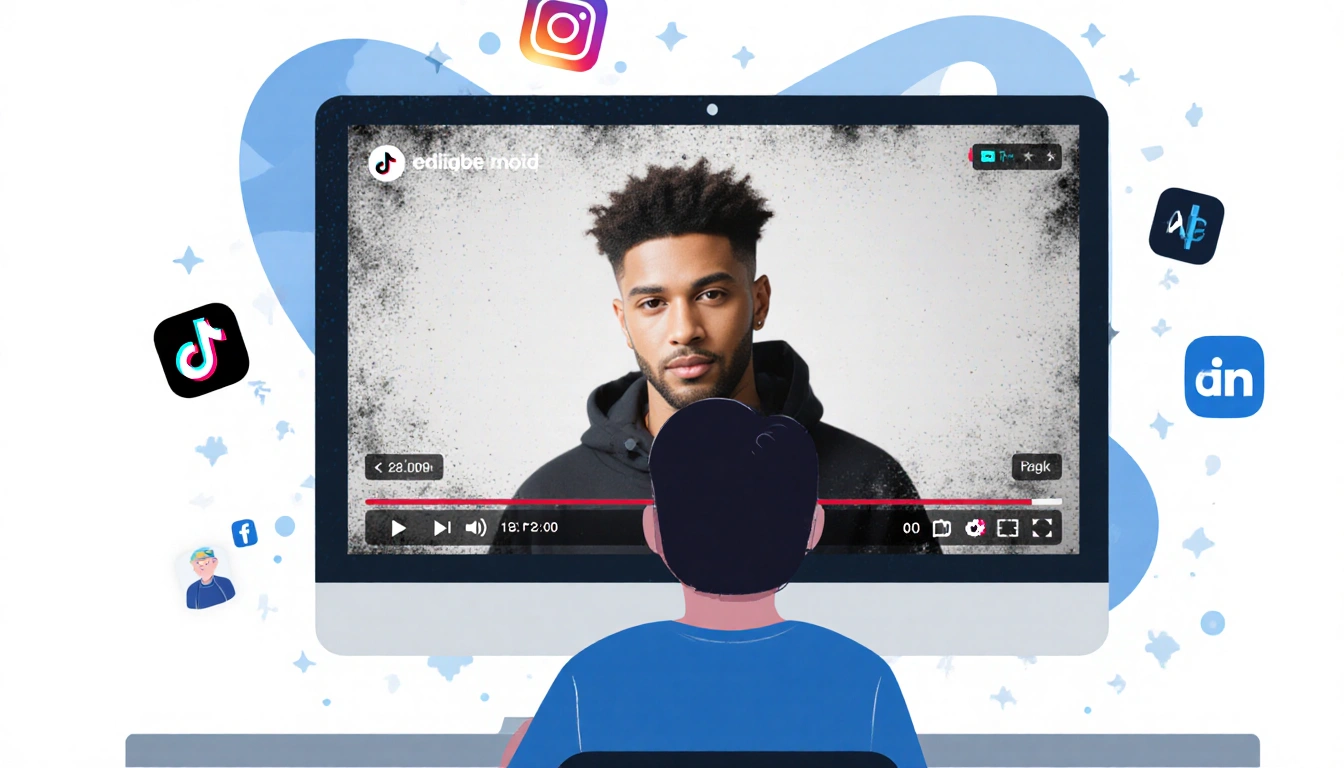 Person sitting at desk watching grainy celebrity AI video with TikTok and Instagram logos in background