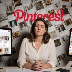 Frustrated mom scrolling through AI-generated Pinterest images with empty recipe cards and blurred logo in background