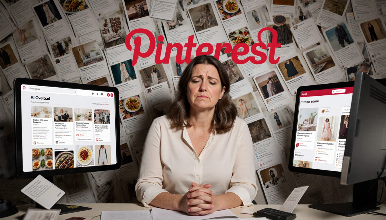 Frustrated mom scrolling through AI-generated Pinterest images with empty recipe cards and blurred logo in background