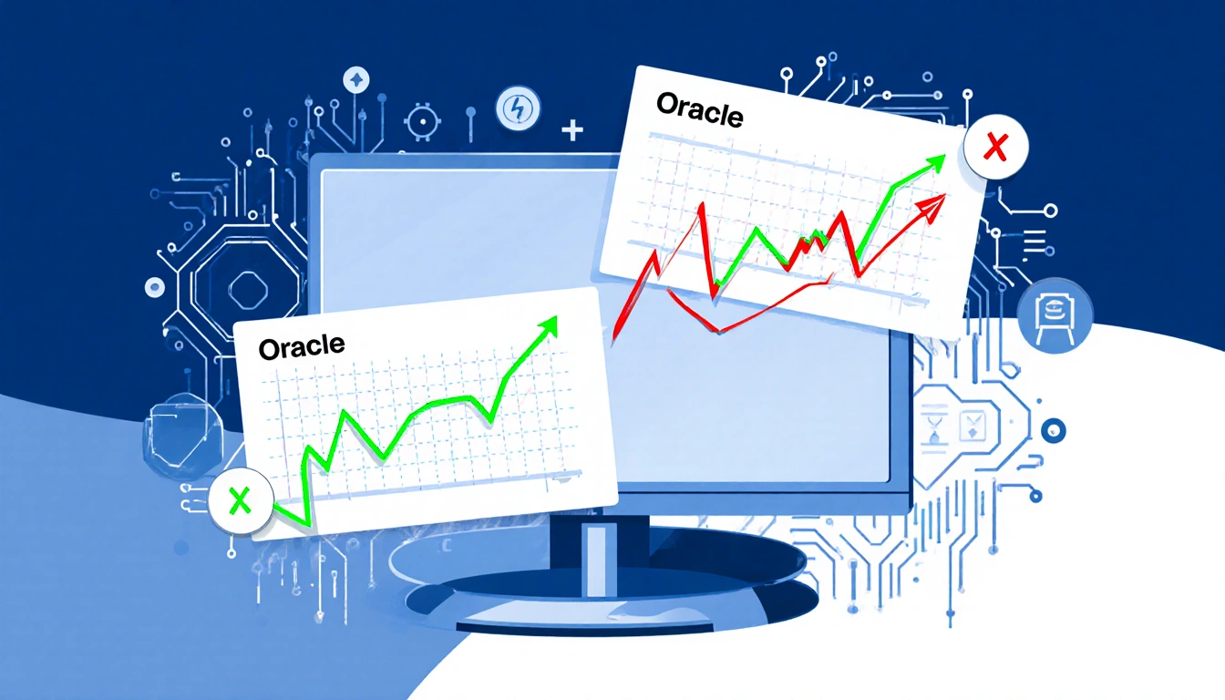 Split-screen shows Nvidia rising with green lines and Oracle falling with red lines on a blue‑white tech AI stocks background