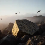 Glowing granite block emits warm light with misty fog swirling around it and sea birds flying overhead