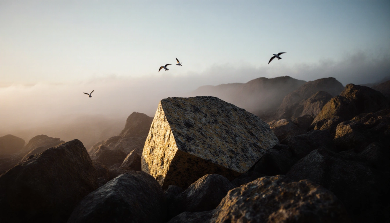 Glowing granite block emits warm light with misty fog swirling around it and sea birds flying overhead