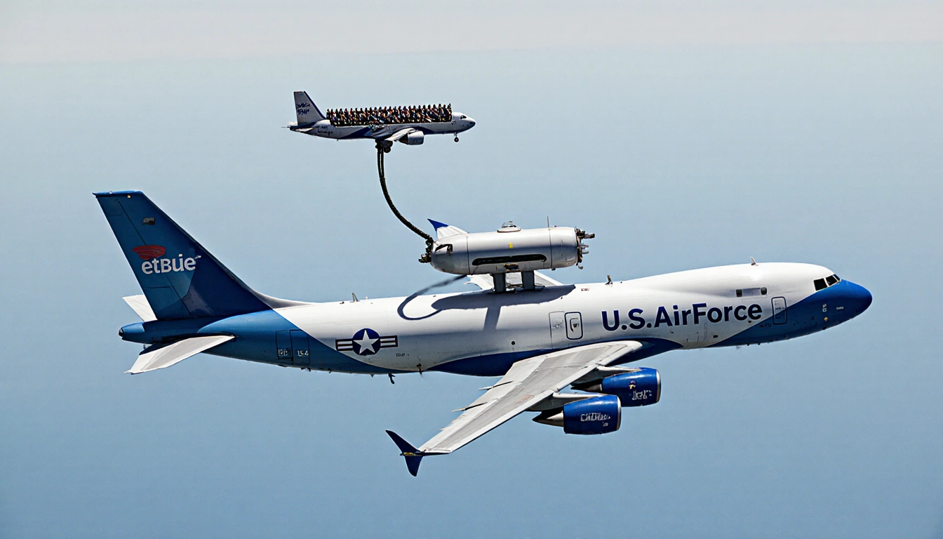 US Air Force tanker refueling two aircraft with fuel hoses and passenger jets below
