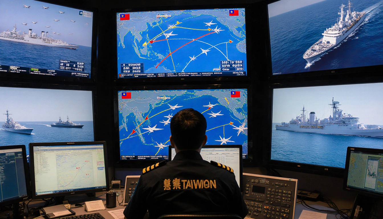 Taiwan Defense officer monitoring aircraft and naval ships on multiple screens in a tense air traffic control center