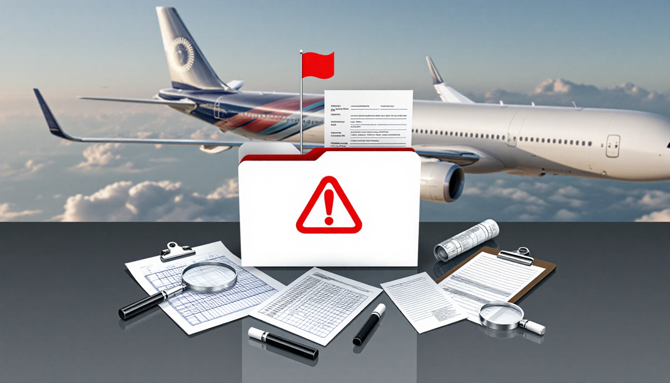 Folder displays red alert with scattered flight logs and engine blueprints blurred plane symbolizes Flight 803 in midair