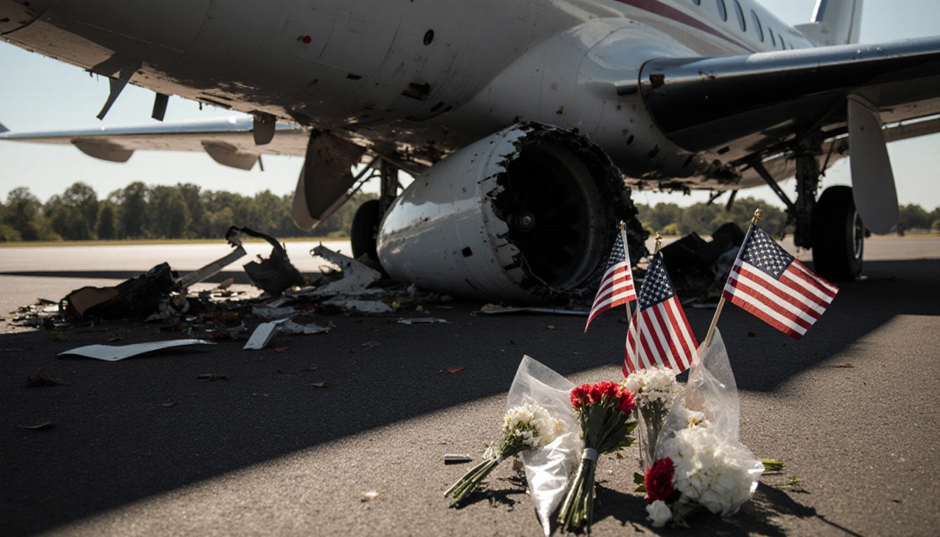 Wreckage lies twisted on ground with broken engine and memorial with flags and flowers beside it