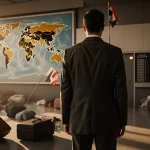 Lone suit figure standing before airport departure board with map of Africa and flags against scattered luggage
