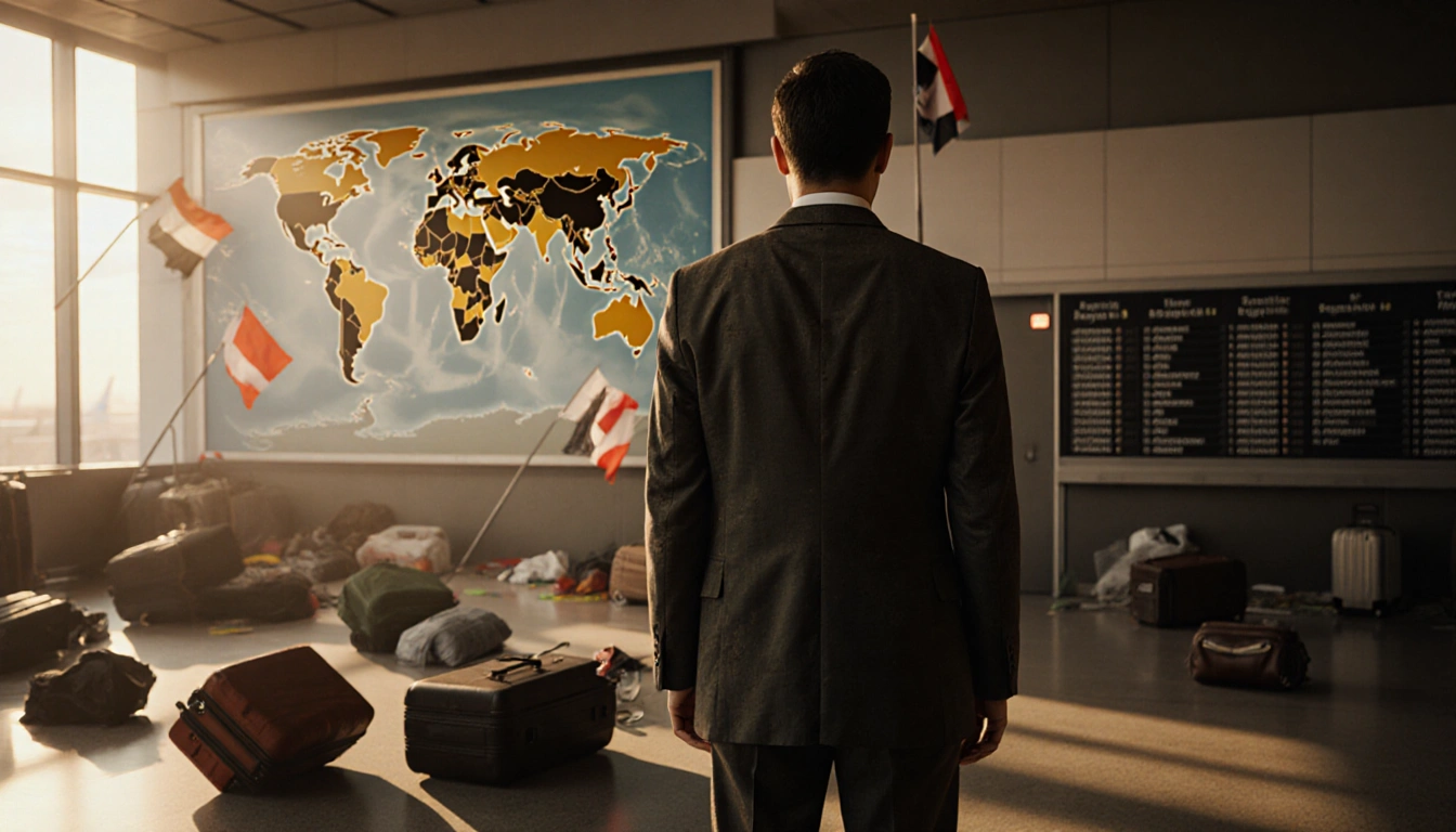 Lone suit figure standing before airport departure board with map of Africa and flags against scattered luggage