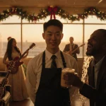 Bowen Yang performing in a golden airport lounge with twinkling Christmas lights and a playful Kenan Thompson in eggnog