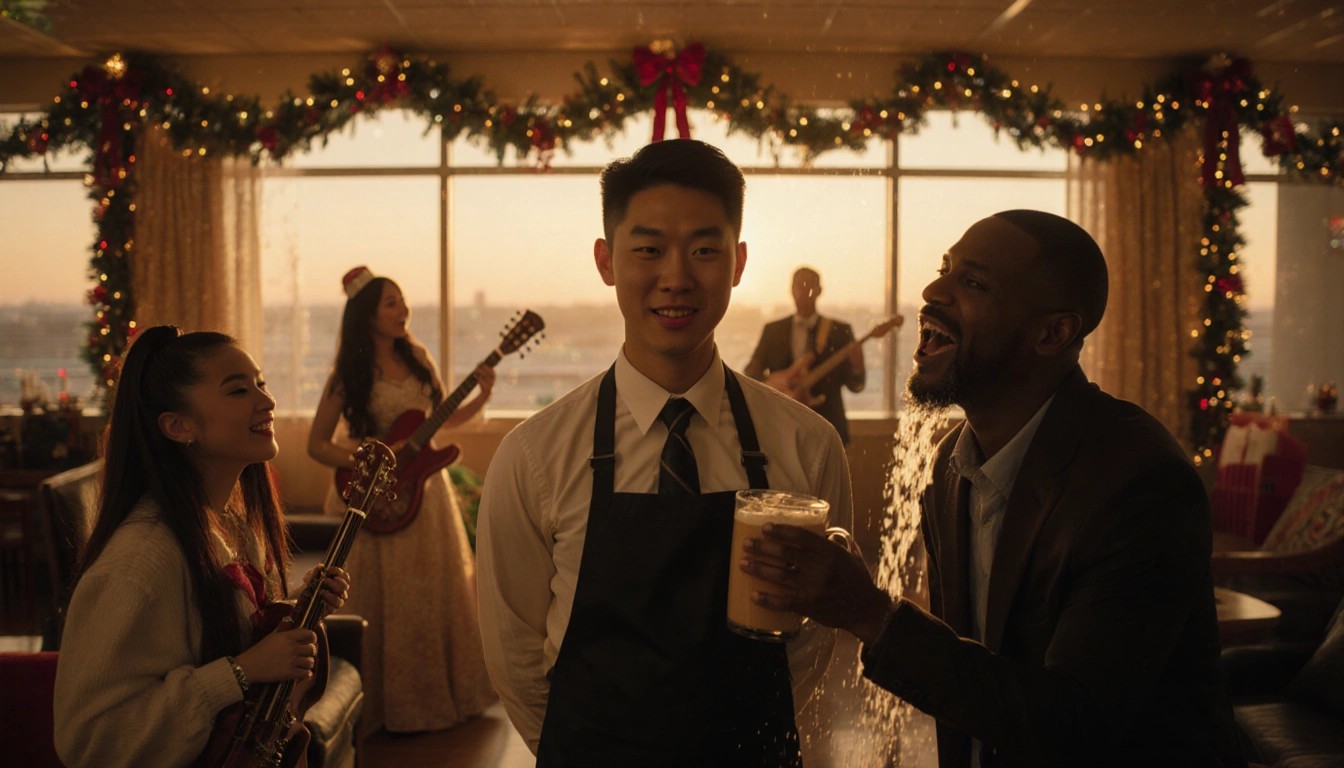 Bowen Yang performing in a golden airport lounge with twinkling Christmas lights and a playful Kenan Thompson in eggnog