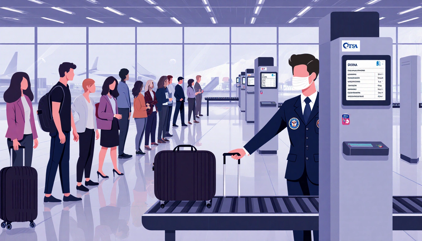 Traveler waits with carry-on bag on conveyor as TSA agent scans IDs at security checkpoint with bright fluorescent lights