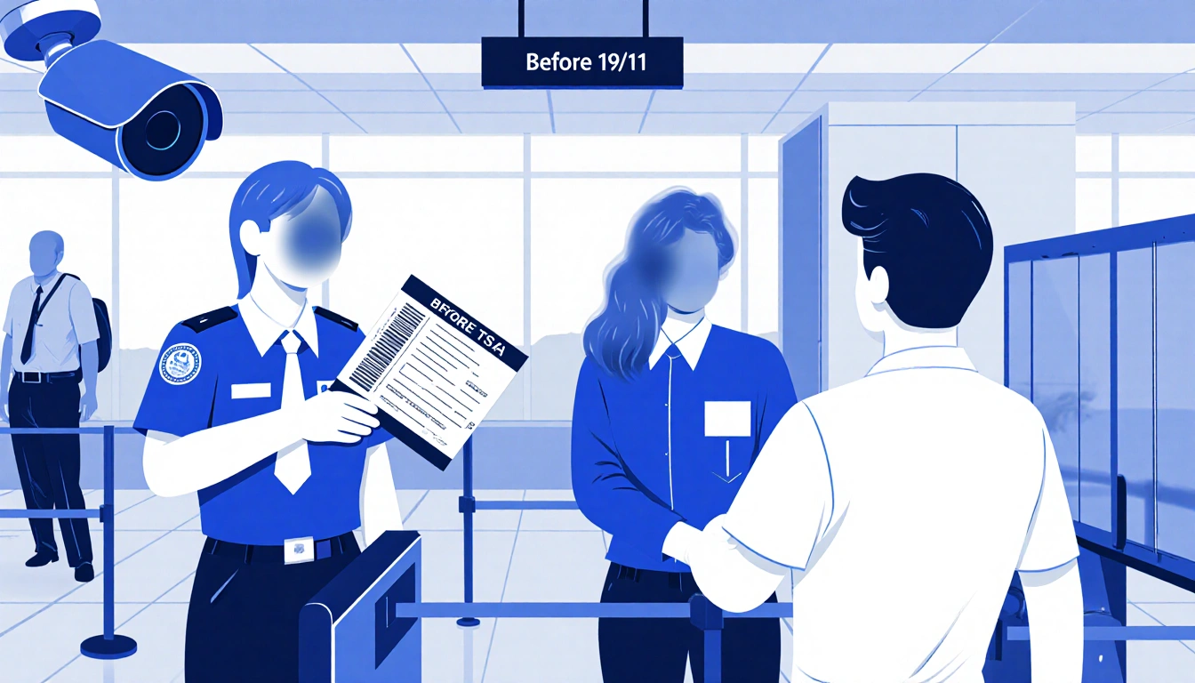 TSA agent scanning passenger ID in airport security with digital check-in backdrop and another agent pat-down in background