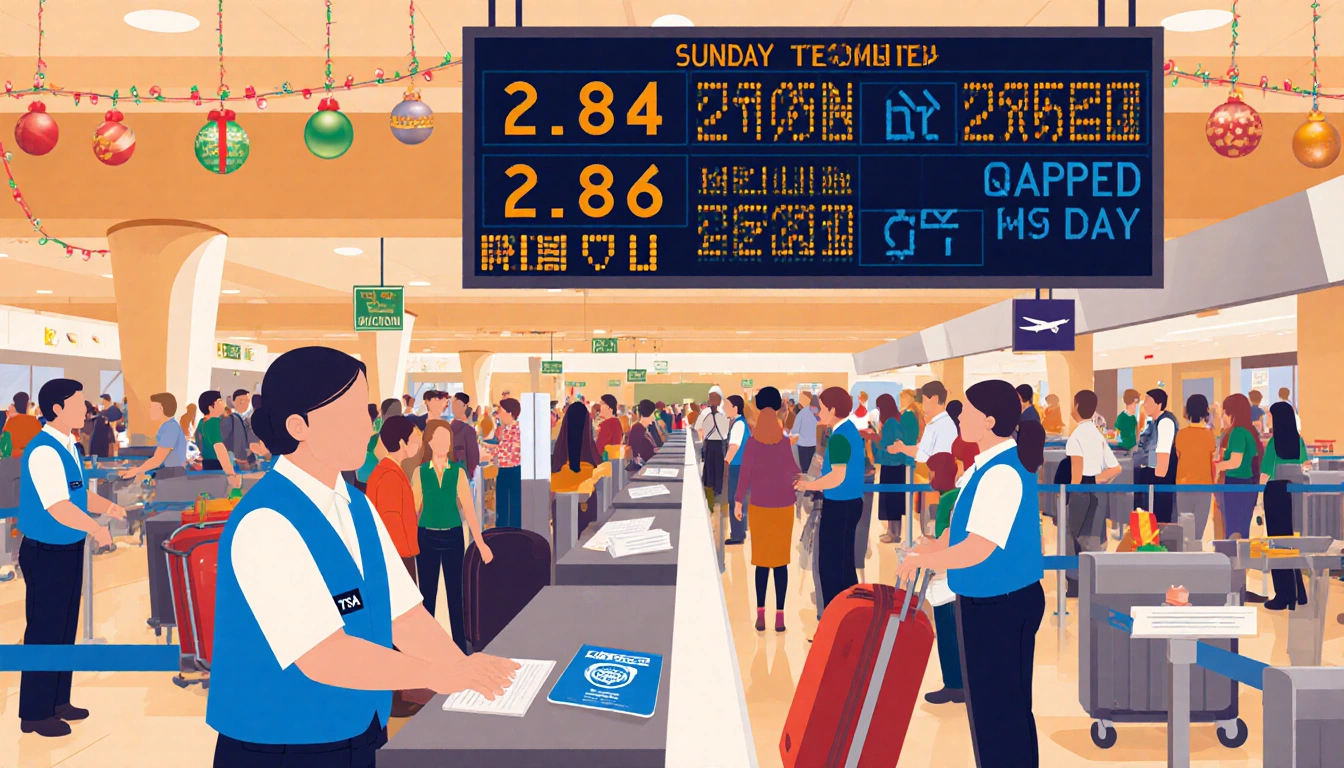 TSA agents checking passengers with blue vests and a digital display showing 2.86 million passengers and holiday lights