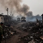 Cambodian soldier standing in air strike aftermath rubble with smoke-filled sky and fleeing Thai convoy