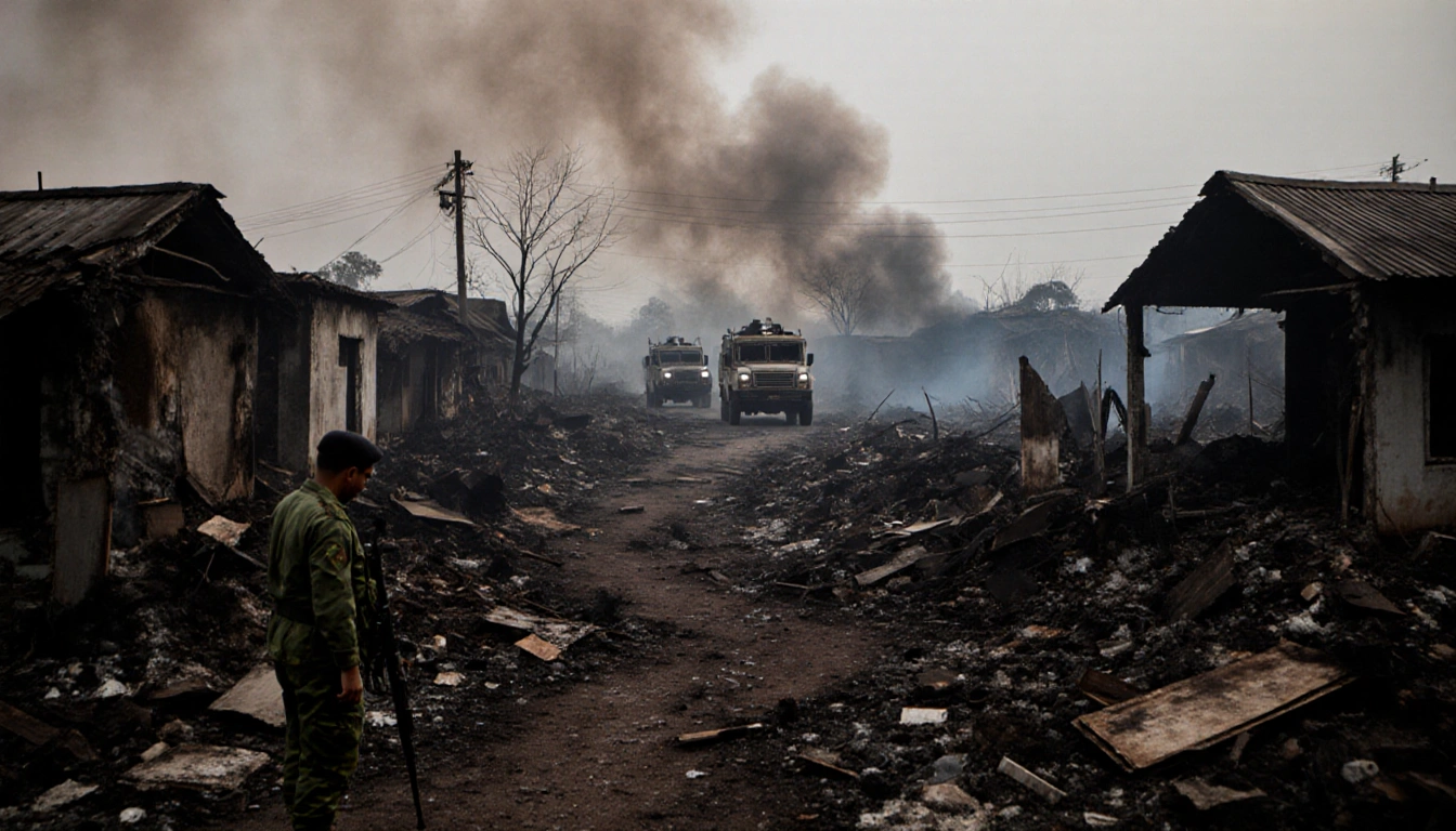 Cambodian soldier standing in air strike aftermath rubble with smoke-filled sky and fleeing Thai convoy