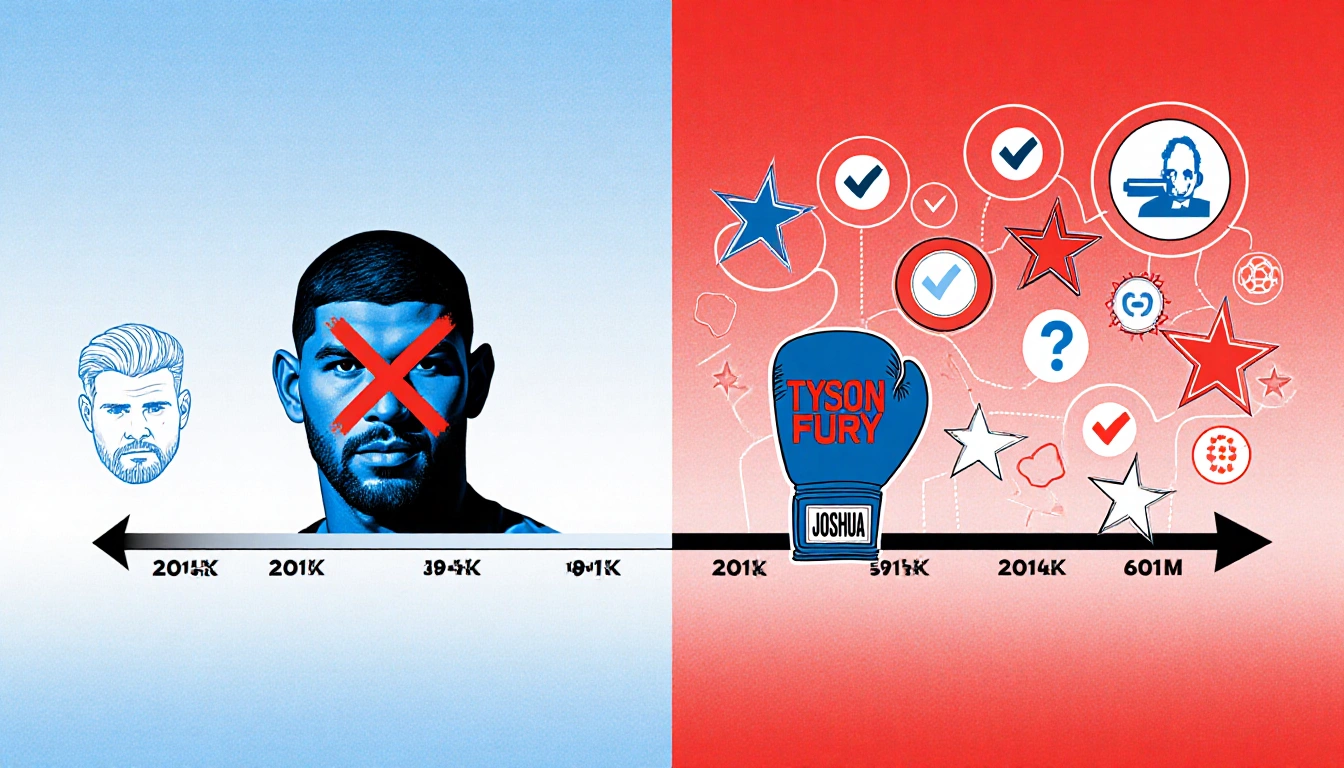 AJ Joshua stands in a boxing timeline and left glove shows Jake Paul with a red X and right glove depicts road to glory.