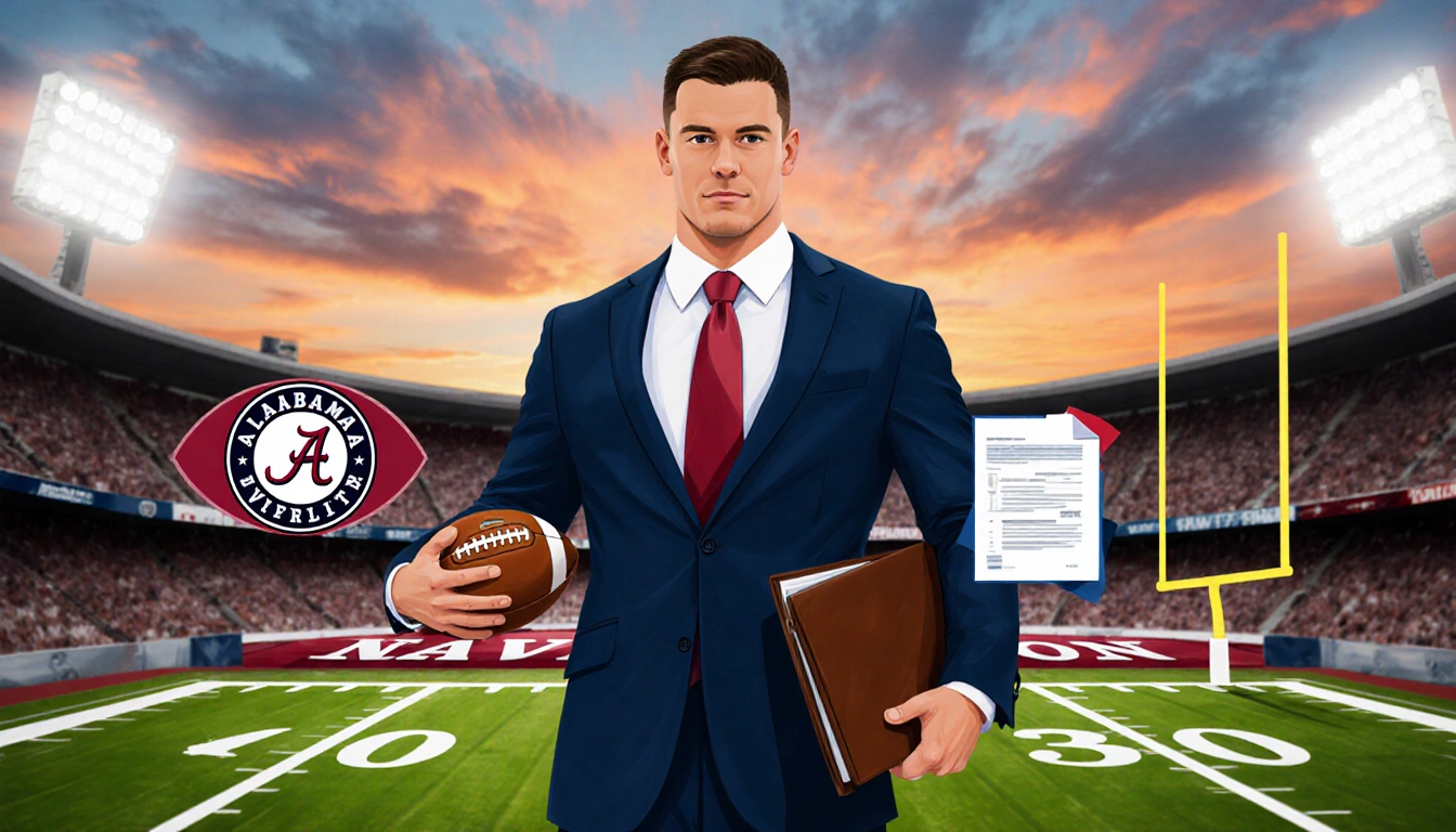 AJ McCarron standing holding a football and a briefcase with Alabama university logo and sunset sky behind him
