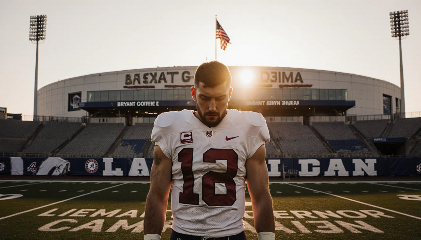 AJ McCarron standing alone in Crimson Tide jersey with Bryant‑Denny Stadium at sunset and campaign words on field