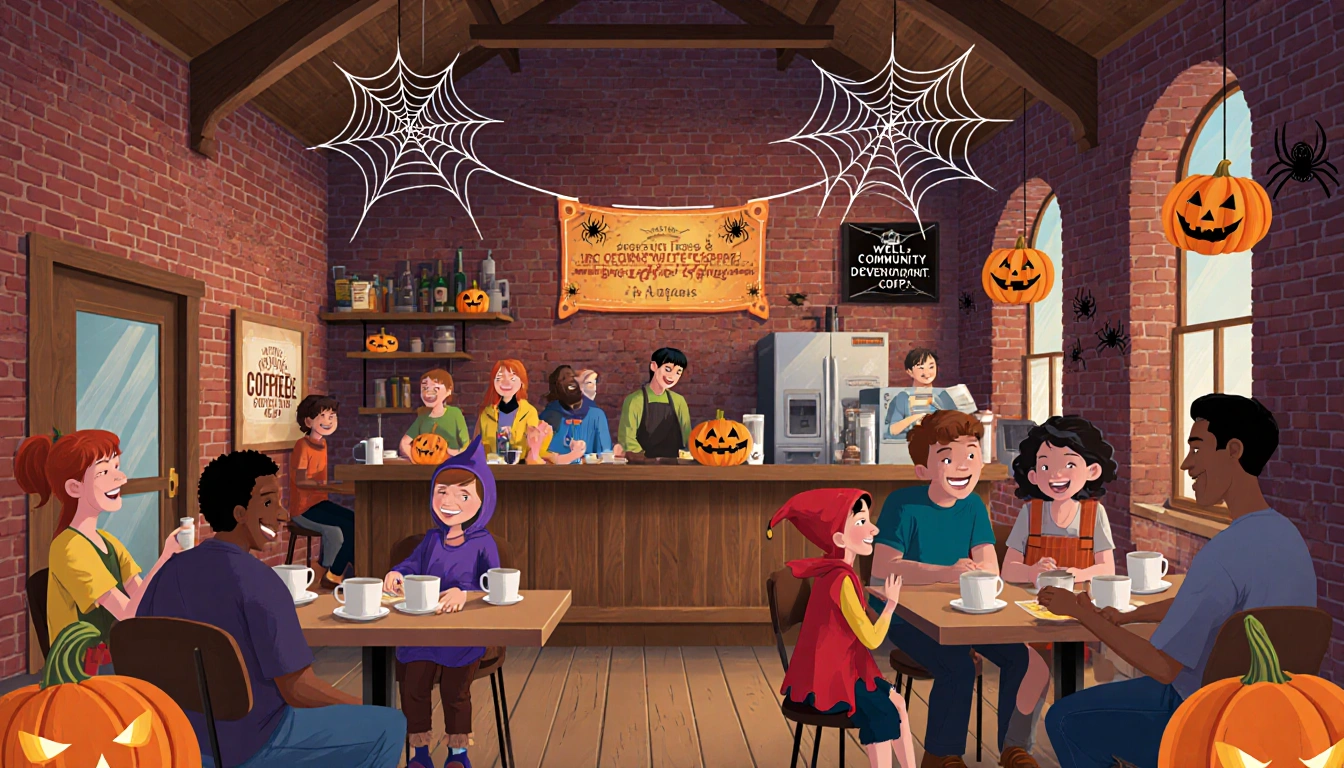 Families laughing together in a bright coffee shop with jack-o-lanterns and a church-brick interior.