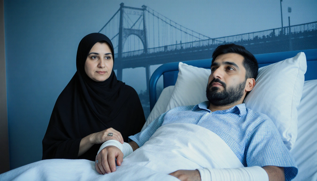 Al Ahmed resting in hospital bed with bandaged left arm and Lubaba alhmidi holding his hand near a faint footbridge wall