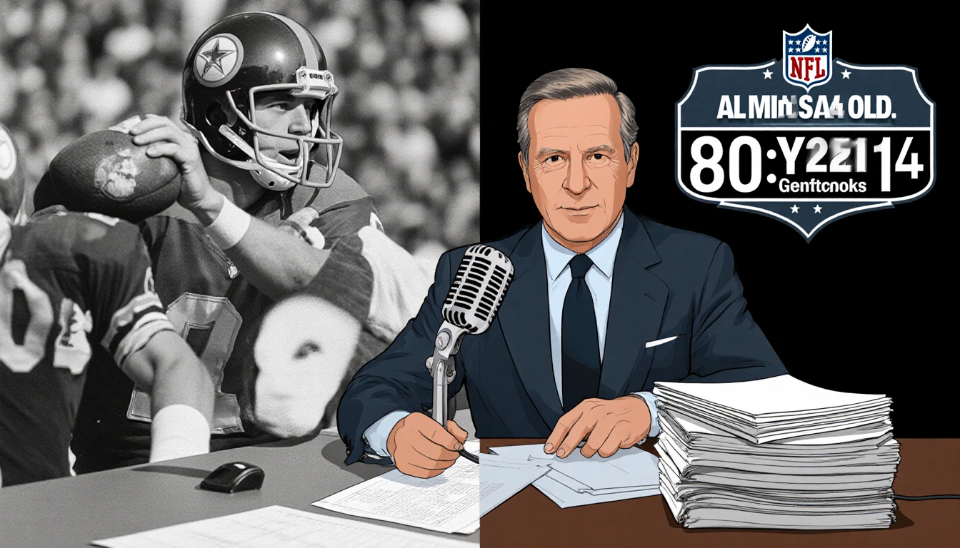 Al Michaels holds a microphone in a booth with a split-screen of his vintage photo beside a game call.