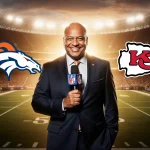 Al Michaels stands confidently holding a mic with a dramatic NFL stadium backdrop and Broncos and Chiefs logos