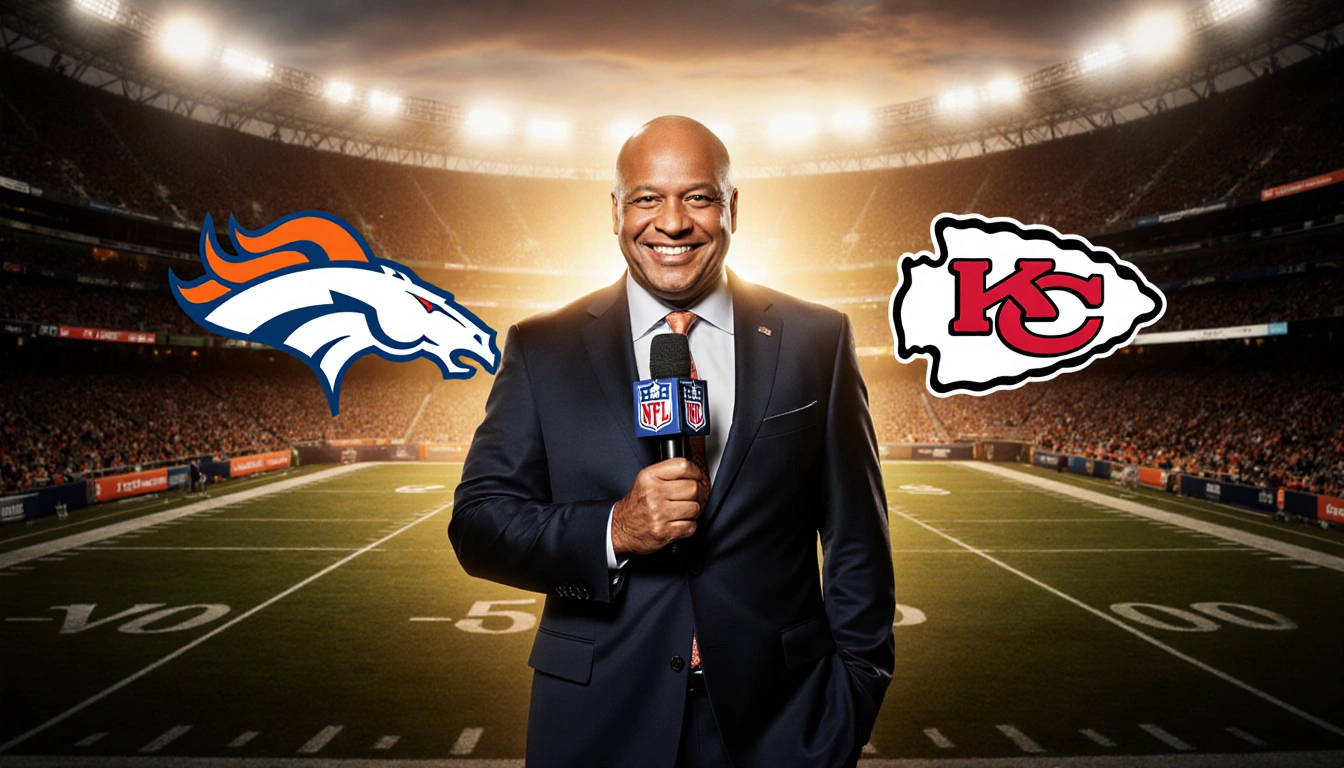 Al Michaels stands confidently holding a mic with a dramatic NFL stadium backdrop and Broncos and Chiefs logos