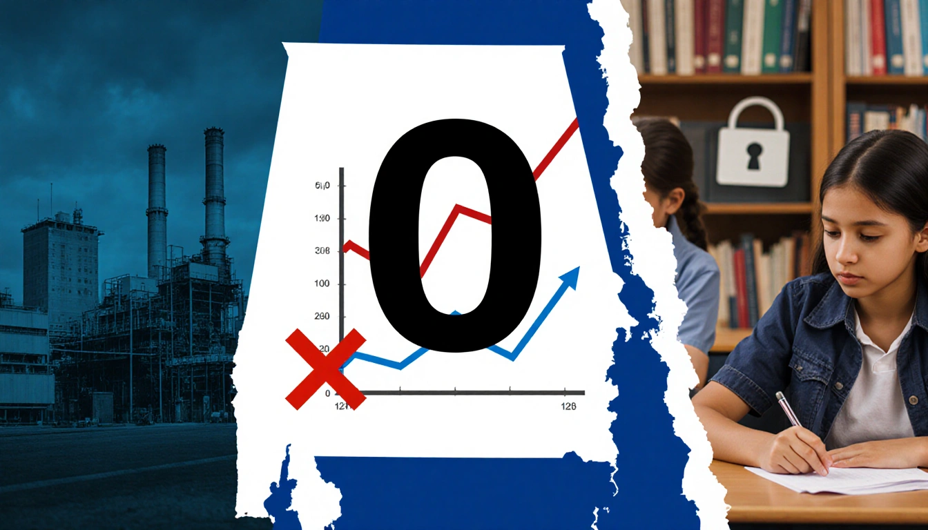 Factory displays zero on graph with Alabama map and red X over rural hospital and student at desk with locked bookcase