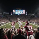 Alabama quarterback throws a touchdown pass with fans cheering in packed stands and scoreboard showing 34-24