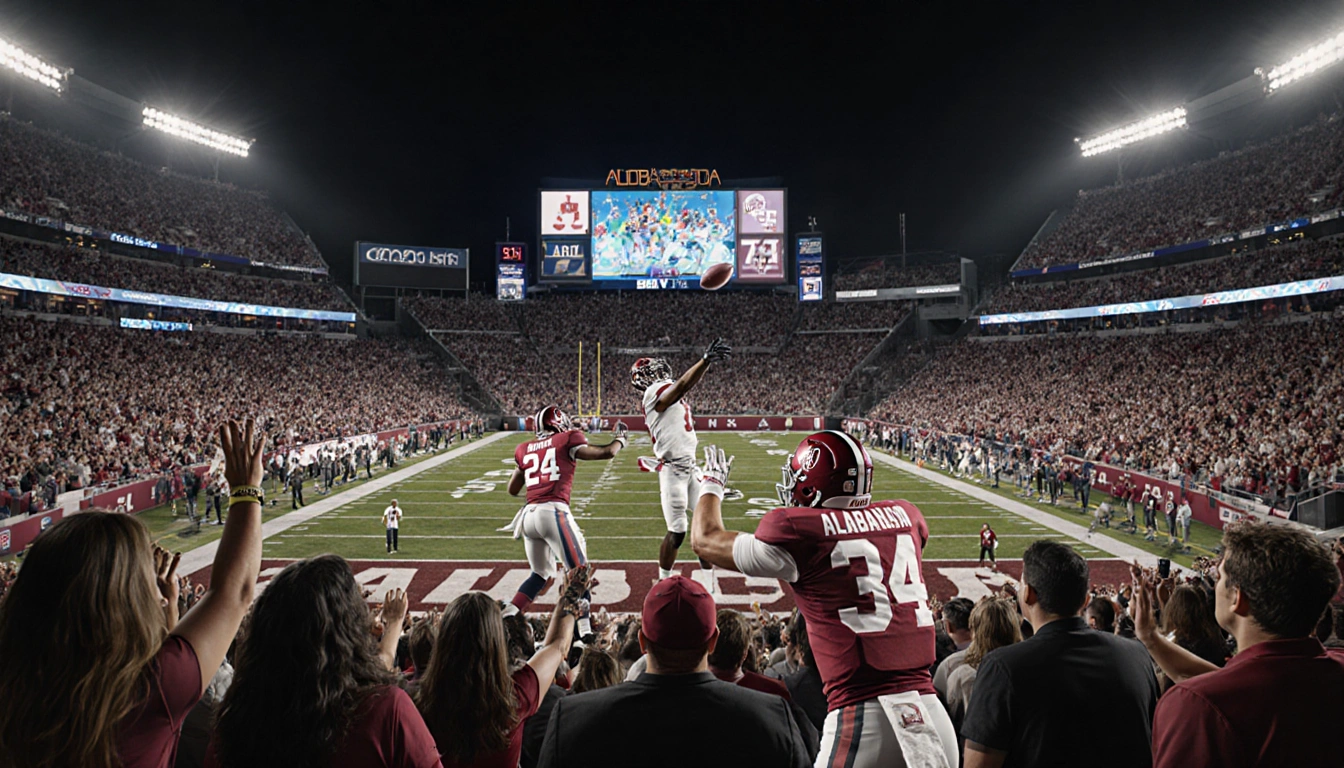 Alabama quarterback throws a touchdown pass with fans cheering in packed stands and scoreboard showing 34-24