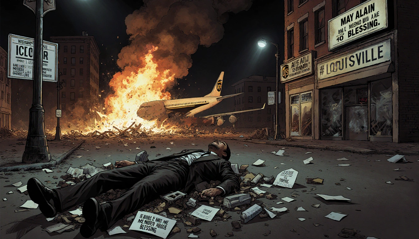 Alain Rodriguez Colina's lifeless body lying on Louisville street with flames from UPS plane crash headlines on broken signs.