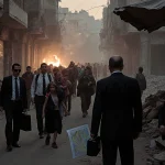 Two Turkish officials standing with a map under a makeshift awning while a Syrian official watches and smoke and gunfire ligh