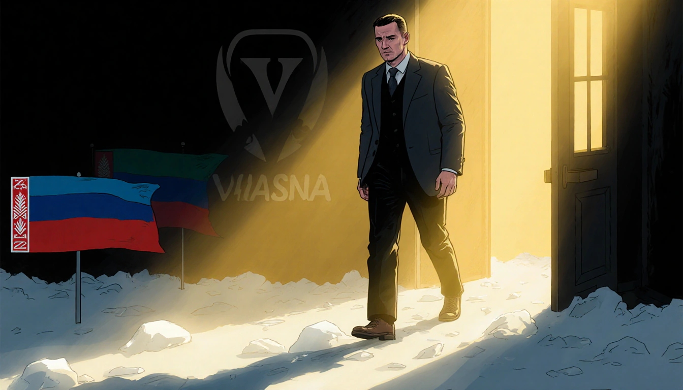 Ales Bialiatski stepping into golden light with a weary but determined expression and a faint Viasna logo behind him symboliz