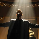 Alex Warren singing with spotlight on him and a Grammy trophy behind in a warm golden hall.