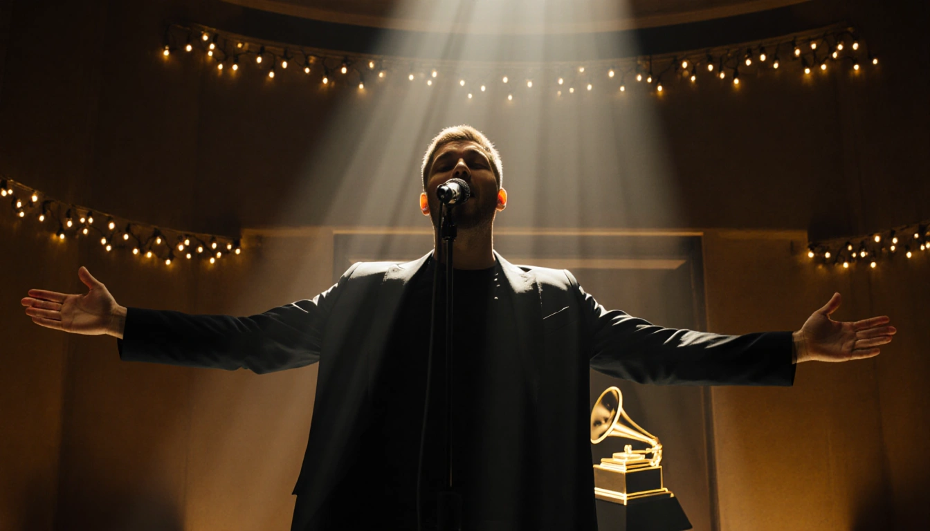 Alex Warren singing with spotlight on him and a Grammy trophy behind in a warm golden hall.