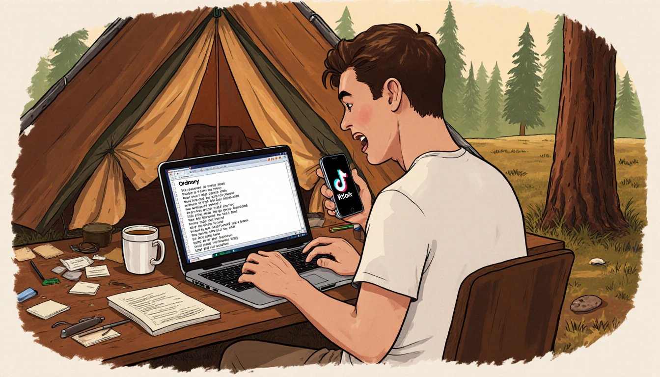 Alex Warren songwriter sits at desk with laptop displaying lyrics phone showing TikTok streams amid coffee cups, making warm.