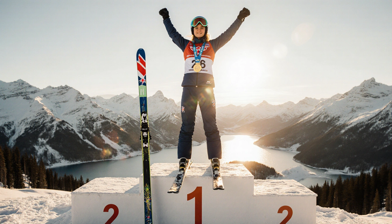 Alice Robinson celebrating a ski jump atop a podium with a gold medal and golden hour light over snow‑covered mountains.