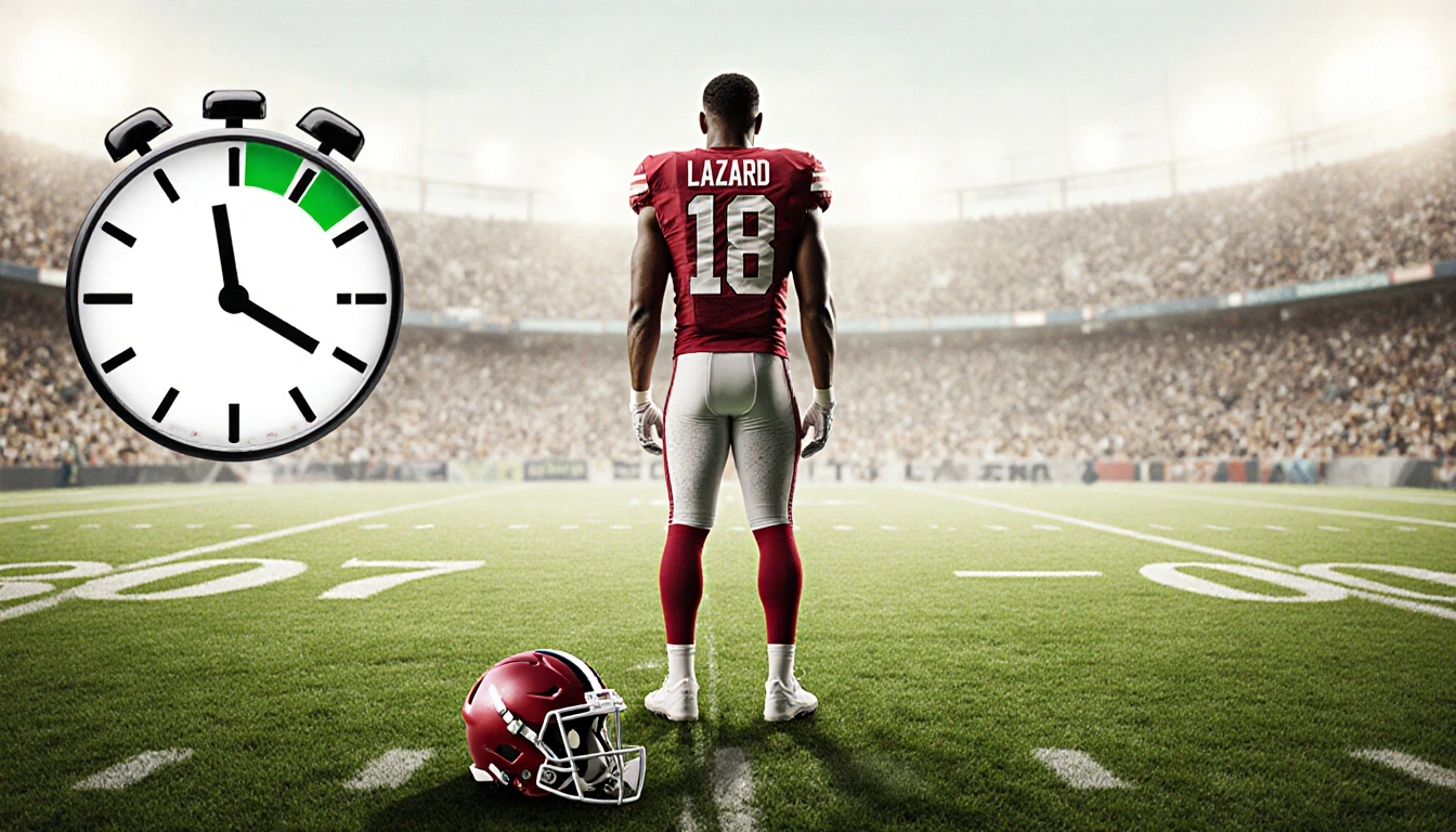 Allen Lazard stands alone with a broken helmet on the ground and a faded football field behind him.